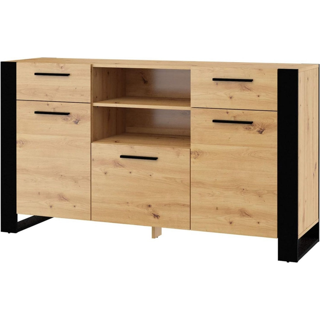 Sideboard mit offenen Ablagen und matten Oberflaechen