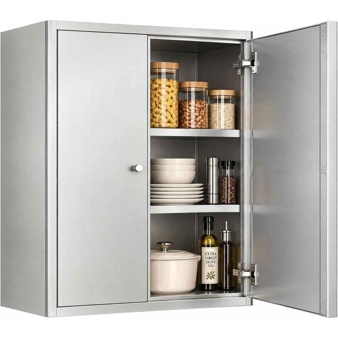 Das Sideboard zeigt verstellbare Ablagen in Silber